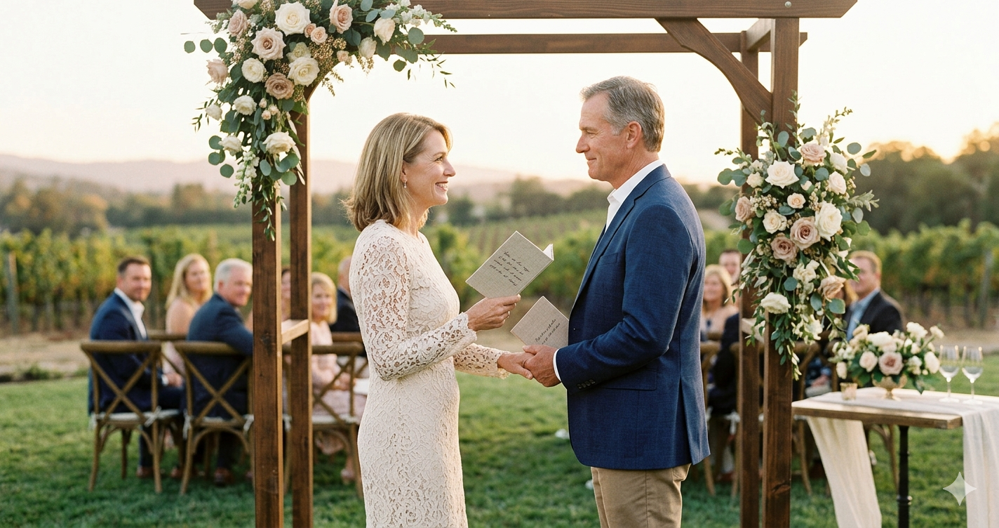 Couple reading personalised wedding vows during a vow renewal ceremony in Orlando, Florida